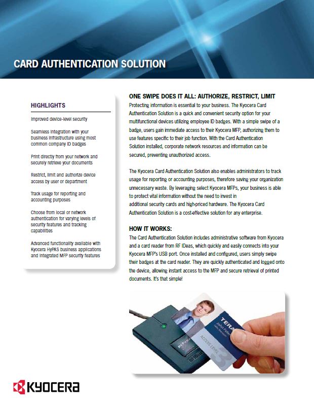 Kyocera, Software, Cost Control, Security Card Authentication, Alexander's Office Center