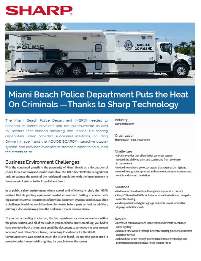 Sharp, Miami Beach Police, Aquos, Alexander's Office Center